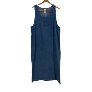 Vintage Womens Denim Jumper Maxi Dress 16 Blue Cotton Teacher Boho Western